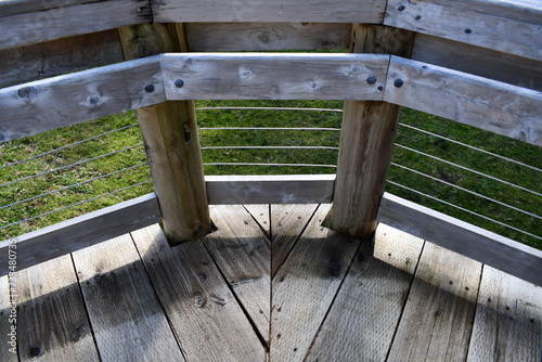 Corner railing on state park deck.
