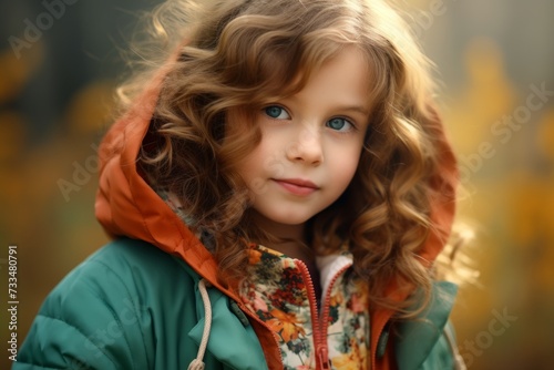 Portrait of a beautiful little girl with curly hair in a blue jacket