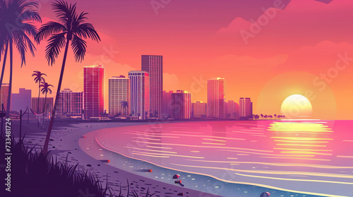 South beach Miami during sunrise or sunset in minimal colorful flat vector art style illustration. photo