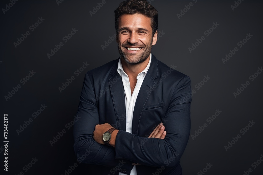 Portrait of a smiling businessman with arms crossed against black background. Portrait of a smiling businessman with arms crossed against black background.