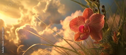 Garden setting with a cloud-covered orchid flower