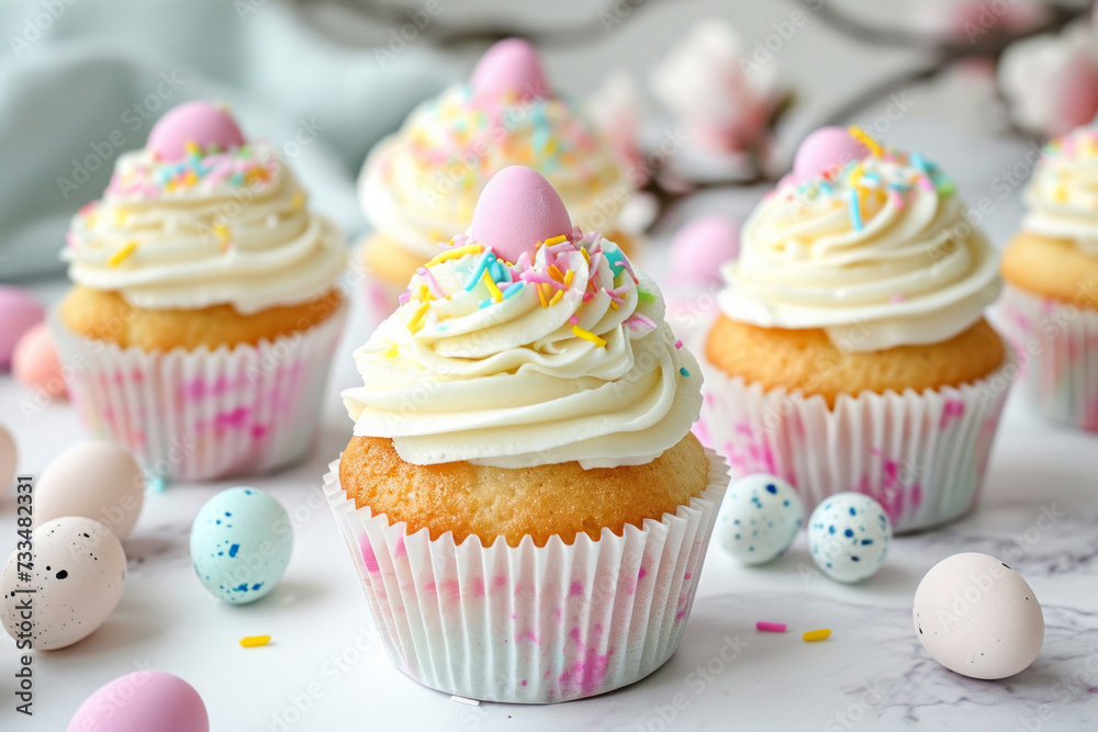 Easter cupcakes with vanilla frosting, candy eggs and sprinkles, festive Easter dessert idea for kids