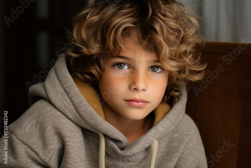 Portrait of a boy with curly hair in a gray hoodie