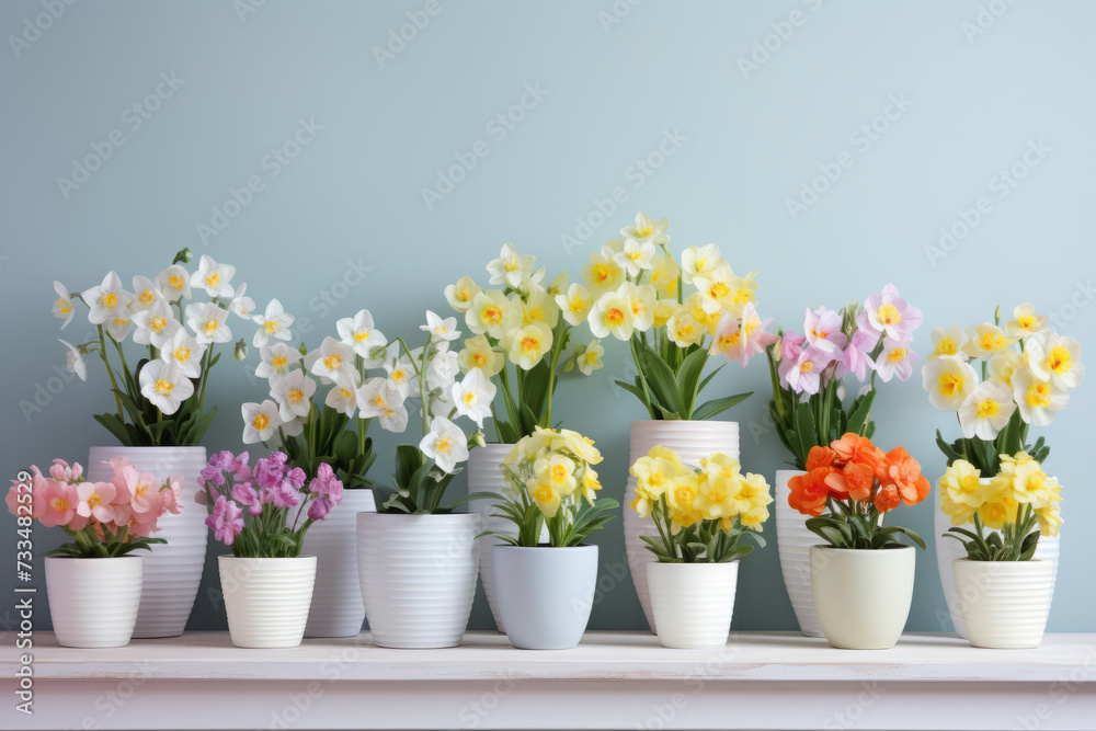 Spring flowers in white pots on a pastel background, daffodils and peonies