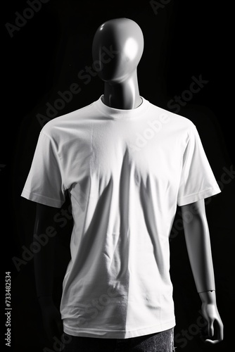 white men's tshirt print on demand mockup on black mannequin isolated on black background - Generative ai