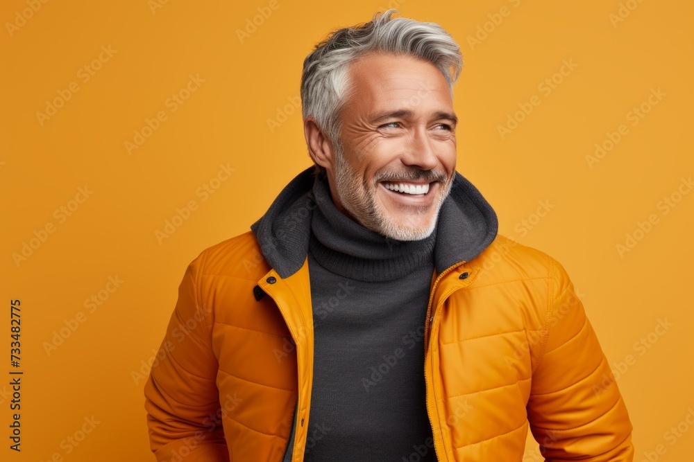 Handsome middle-aged man in orange jacket and black turtleneck posing over yellow background Handsome middle-aged man in orange jacket and black turtleneck posing over yellow background