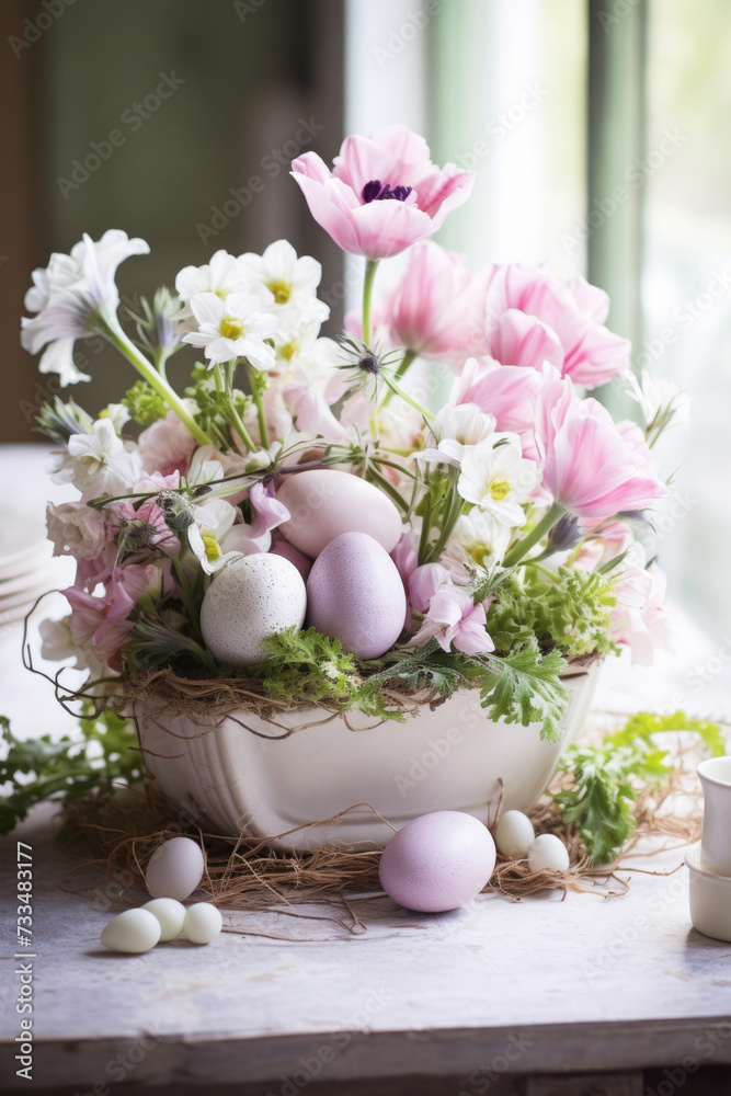 Easter centerpiece on the dining room table with pastel colored light purple and pink flowers and colored eggs