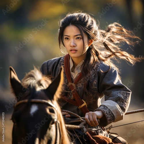 The traditional Japanese sport of Yabusame, horse-mounted archery, woman riding a horse