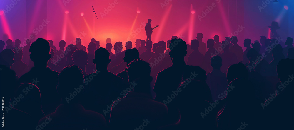 Crowd silhouette, music band and concert audience listen to club artist, stage performance or celebrity star. Night event lights, rave festival and dark shadow group, fans or people at musician show