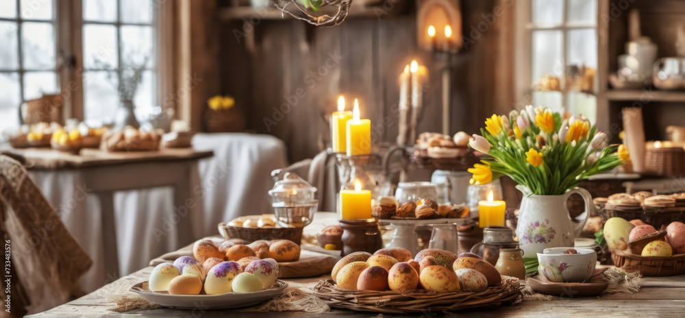 Traditional Easter setting with easter eggs on table, rustic cabin, cozy atmosphere, no people, wide banner with copy space for text