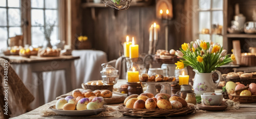 Traditional Easter setting with easter eggs on table, rustic cabin, cozy atmosphere, no people, wide banner with copy space for text