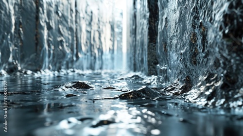 Abstract Reflections on Rippling Water Surface in Monochrome,grey background Melty metallic textures interior design with sleek , glistening surfaces