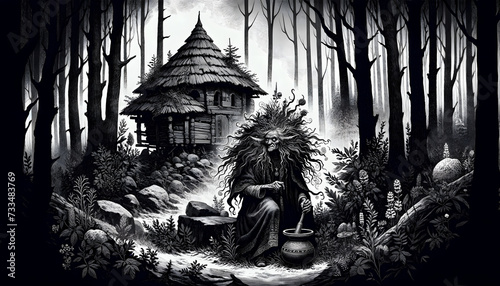 illustration of the mythological creature Baba Yaga, a figure from Slavic folklore