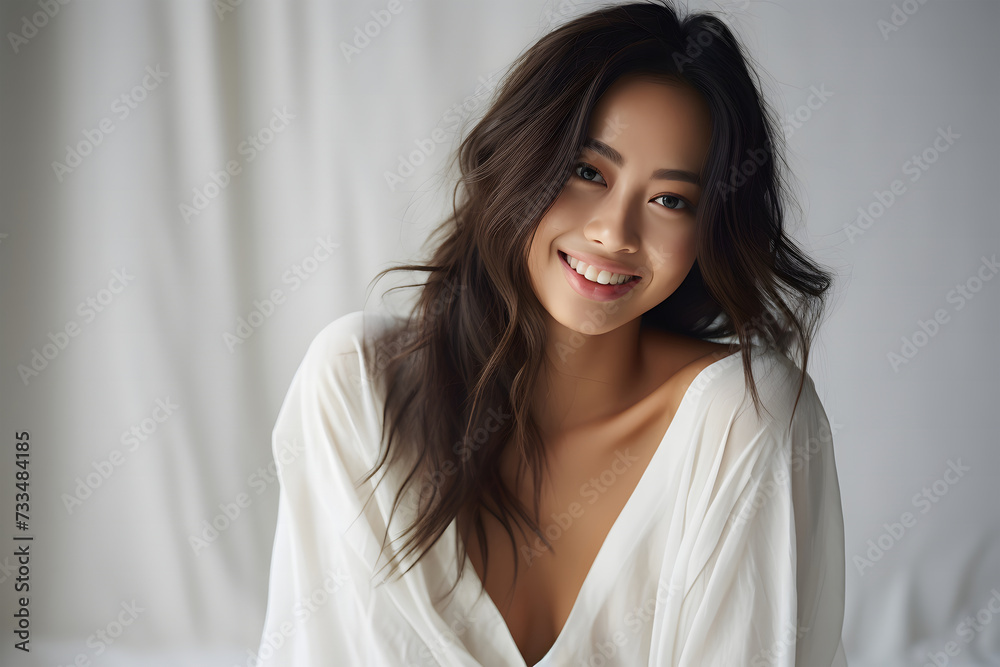 Beautiful mature woman wakes up in white pajamas, bedroom atmosphere in the morning Beautiful mature woman wakes up in white pajamas, bedroom atmosphere in the morning