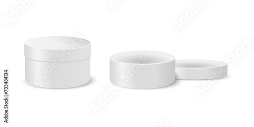 Round cardboard boxes closed and open. Containers for gifts, hats, cosmetics, medicine, sweets, cookies. Silver cylindrical packages isolated on white background. Vector realistic illustration.