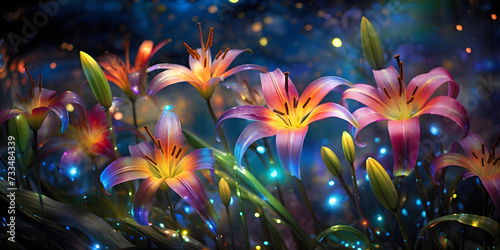 Beautiful ethereal neon lilies - bright colourful magical pink lily flowers illuminated in the dark with playful ambience 