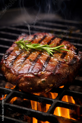 Beef steaks being grilled with herbs on an outdoor charcoal grill with flames underneath