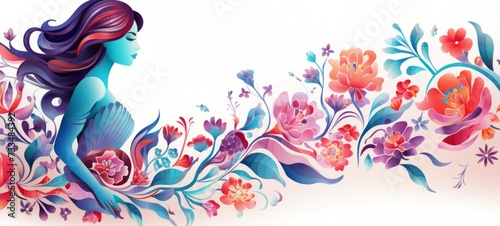 Flowers and woman Pattern illustration of 8 March International Womens day on white background. International women's day holiday flowers pattern illustration. photo