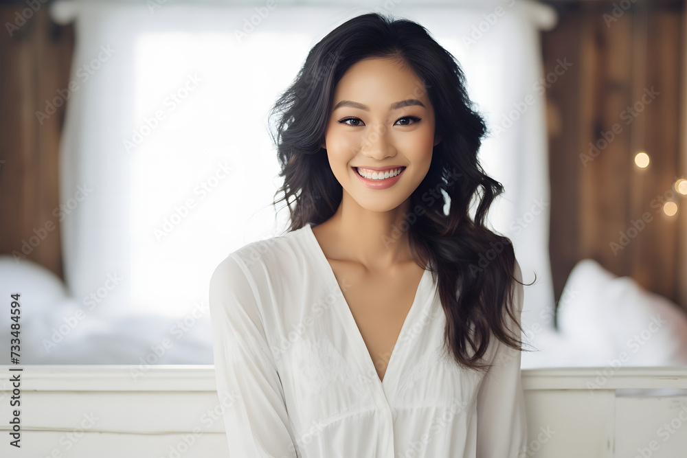 Beautiful mature woman wakes up in white pajamas, bedroom atmosphere in the morning Beautiful mature woman wakes up in white pajamas, bedroom atmosphere in the morning