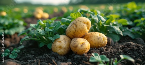 Newly dug or harvested potatoes in a farm field in a low angle view on rich brown earth