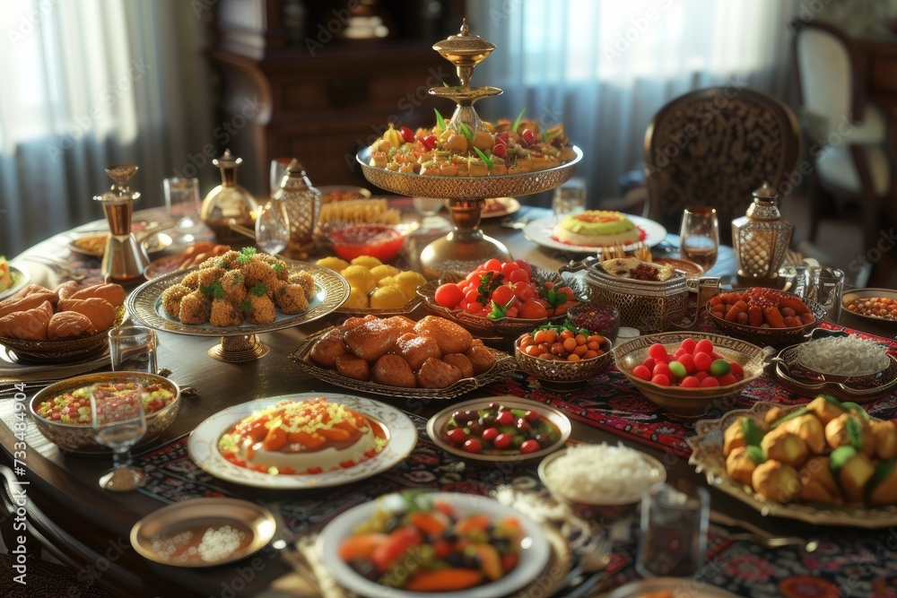 A 3D family table with various types of traditional Ramadan meals