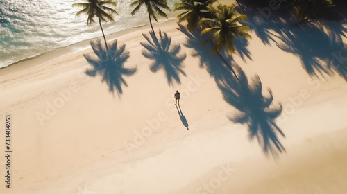Man walking on the beach  blue sea water in sunny day. Top view from drone. 
