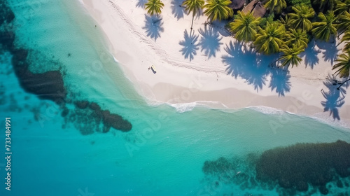 Summer seascape beautiful waves, blue sea water in sunny day. Top view from drone. Aerial view of the turquoise ocean waves on the beach.