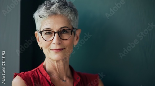 Confident Middle-Aged Woman with Short Gray Hair Wearing Glasses and Red Blouse