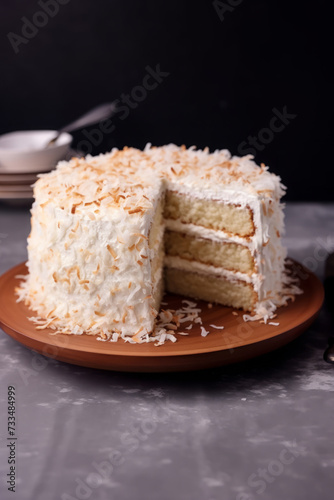 Coconut cake with a slice taken out, fluffy homemade coconut cake, Easter dessert idea