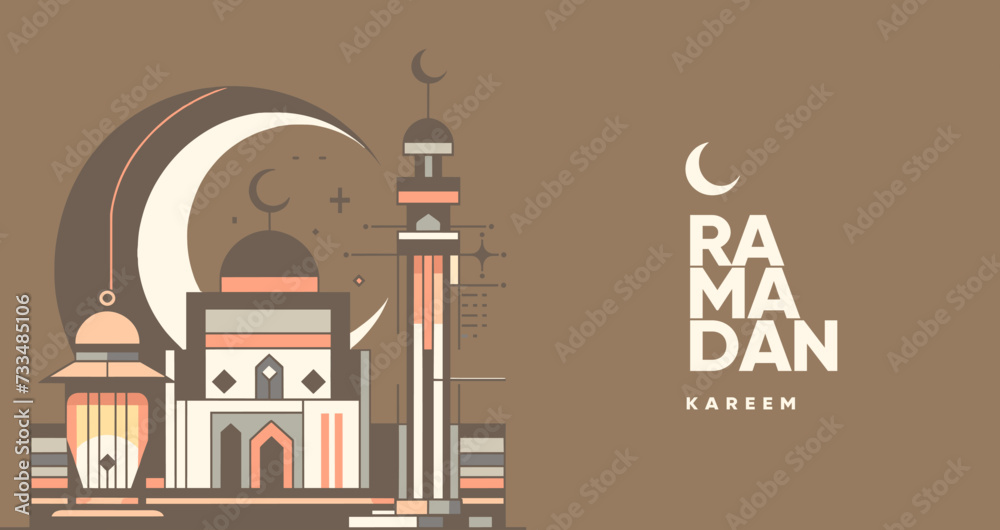 Modern vector illustration for Ramadan Kareem with a minimalist aesthetic, showcasing a mosque with an oversized crescent in the background, a minaret, and traditional Islamic geometric patterns