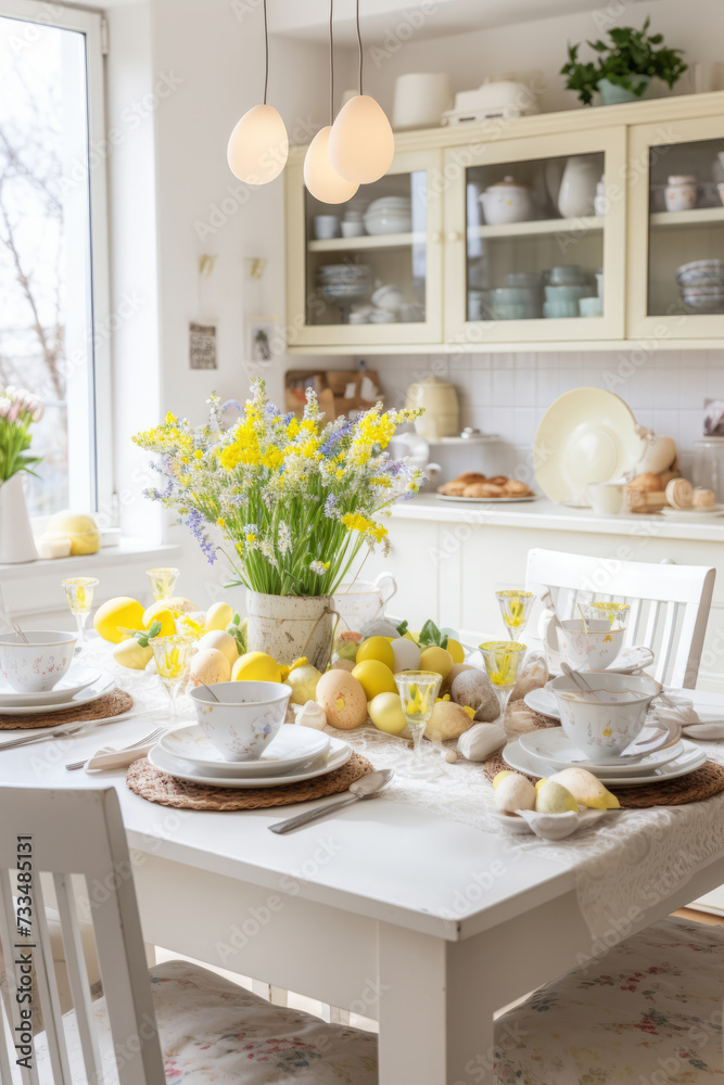 White kitchen decorated for Easter with spring flowers and colored Easter eggs