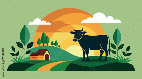 Idyllic countryside scene with cow and farmhouse at sunset