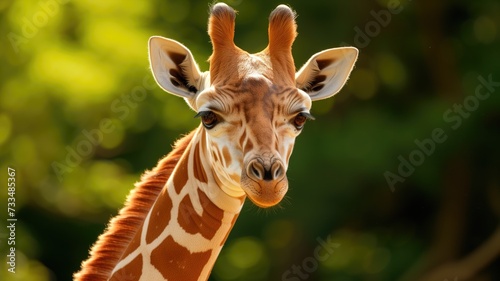 Close-up of a giraffe s face with greenery