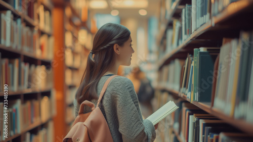 Young woman reading in a library aisle