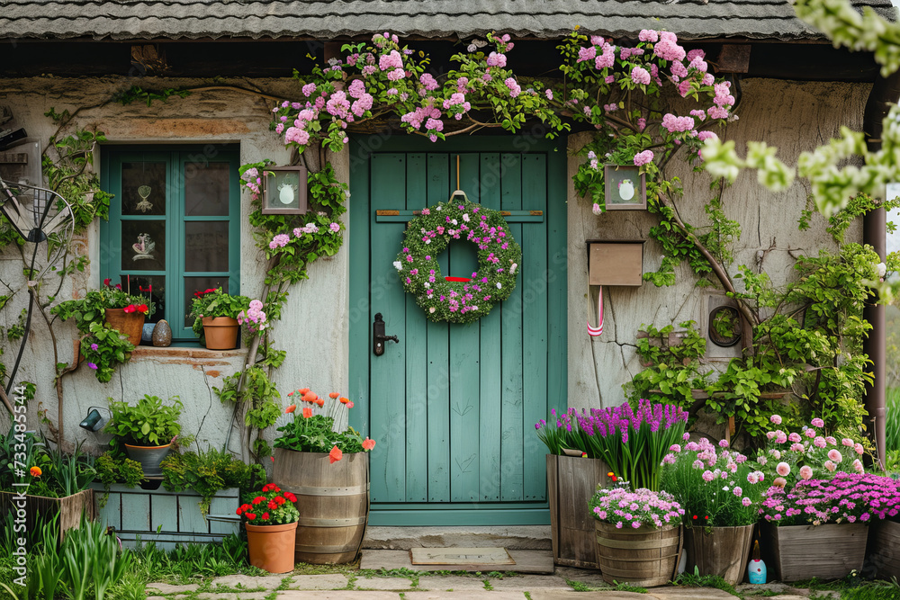 Cute and cozy house with Easter spring decor, wreath on a door, flowers in pots