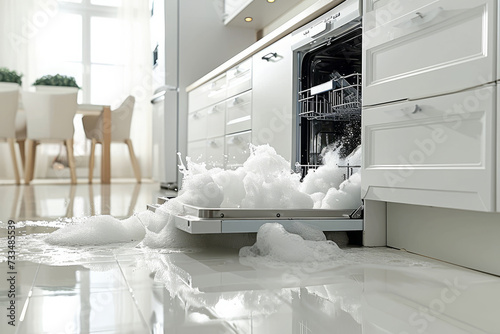 Broken dishwasher leaking in a white modern kitchen with a door open and a lot of foam and water coming out of it photo
