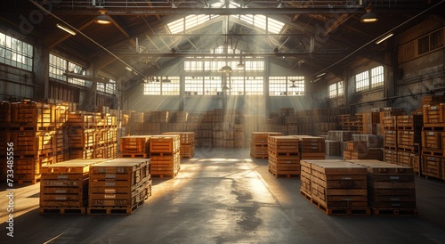 An expansive indoor space filled with neatly organized pallets stacked in rows, the warehouse's ceiling reaching high above and the floor bustling with inventory