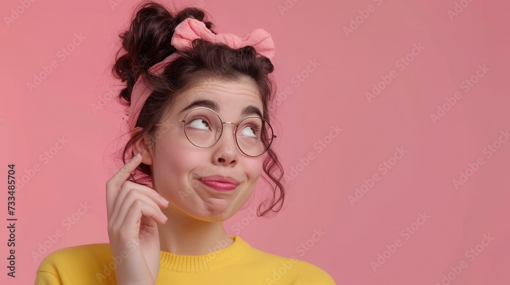 Close-up portrait of her she nice-looking attractive lovely sweet curious cheerful cheery smart clever girl creating new idea solution fantasize copy space isolated pink pastel color background Close-up portrait of her she nice-looking attractive lovely sweet curious cheerful cheery smart clever girl creating new idea solution fantasize copy space isolated pink pastel color background