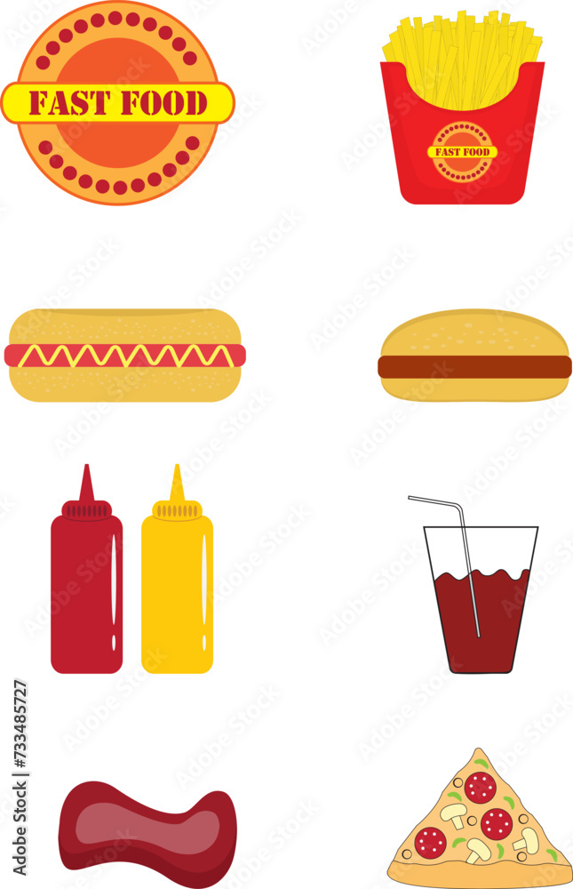 Set of eight fast food items. Set of eight fast food items.