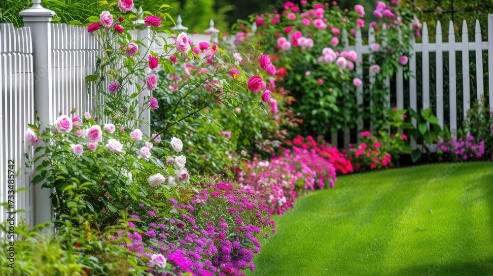 Colorful garden border, white fence and pink roses