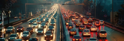 Cars filling the freeway with traffic during rush hour commutes photo