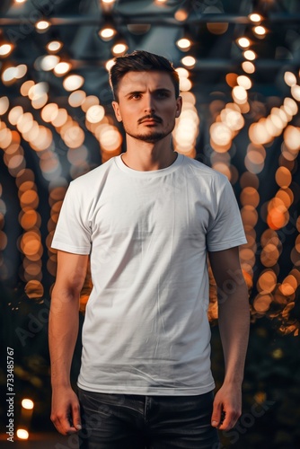 white men's tshirt print on demand mockup on man blurred background - generative ai