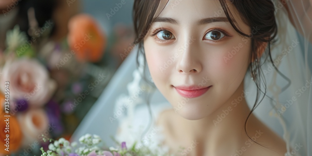 A Close-Up Portrait of a asian Bride with a Captivating Smile and Sparkling Eyes, Reflecting the Joy of Her Wedding Day, Generative AI A Close-Up Portrait of a asian Bride with a Captivating Smile and Sparkling Eyes, Reflecting the Joy of Her Wedding Day, Generative AI