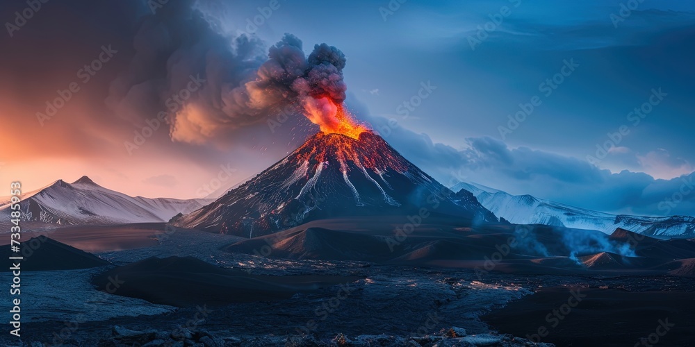 Volcano erupting with liquid hot lava and magma glowing bright orange
