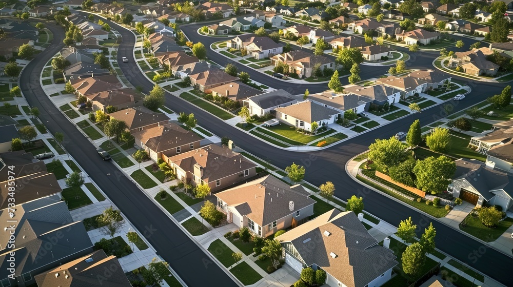 Overhead aerial photo of a residential neighborhood during a sunny afternoon day. - obrazy, fototapety, plakaty 