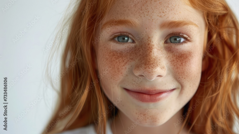 Headshot Portrait of happy ginger girl with freckles smiling looking at camera. White background. Headshot Portrait of happy ginger girl with freckles smiling looking at camera. White background.