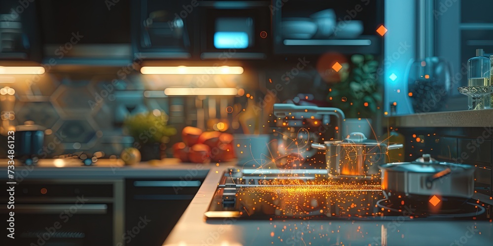 Smart kitchen concept with digital data augmented reality overlay on a modern kitchen design with appliances on the counter Smart kitchen concept with digital data augmented reality overlay on a modern kitchen design with appliances on the counter