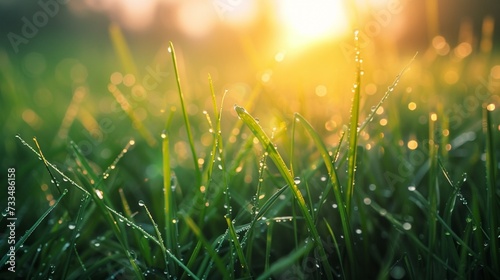 Green grass with morning dew at sunrise. Macro image  shallow depth of field. Beautiful summer nature background