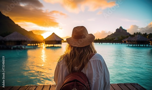 Tropical Serenity: Back View of a Happy Tourist Woman Relaxing on the Deck of an Overwater Bungalow in Bora Bora, Embracing the Tranquil Beauty of Sunset Over the Turquoise Lagoon.   © Mr. Bolota