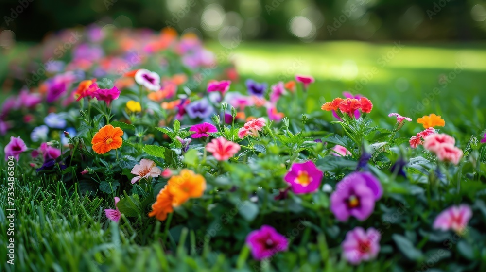 multicolored flowerbed on a lawn. horizontal shot